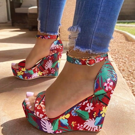 

〖Yilirongyumm〗 Red 37 Sandals Women Summer Women s Buckle Strap Flowers Printing Wedges Weave Beach Open Toe Breathable Sandals Shoes