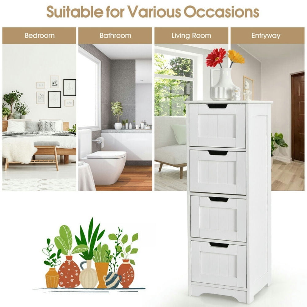 Finihen Bathroom Storage Cabinet, Bathroom Floor Cabinet, Free-Standing Side Storage Organizer with 4 Drawers, for Bathroom, Living Room, Bedroom, Kitchen, White Finihen Bathroom Storage Cabinet, Bathroom Floor Cabinet, Free-Standing Side Storage Organizer with 4 Drawers, for Bathroom, Living Room, Bedroom, Kitchen, White