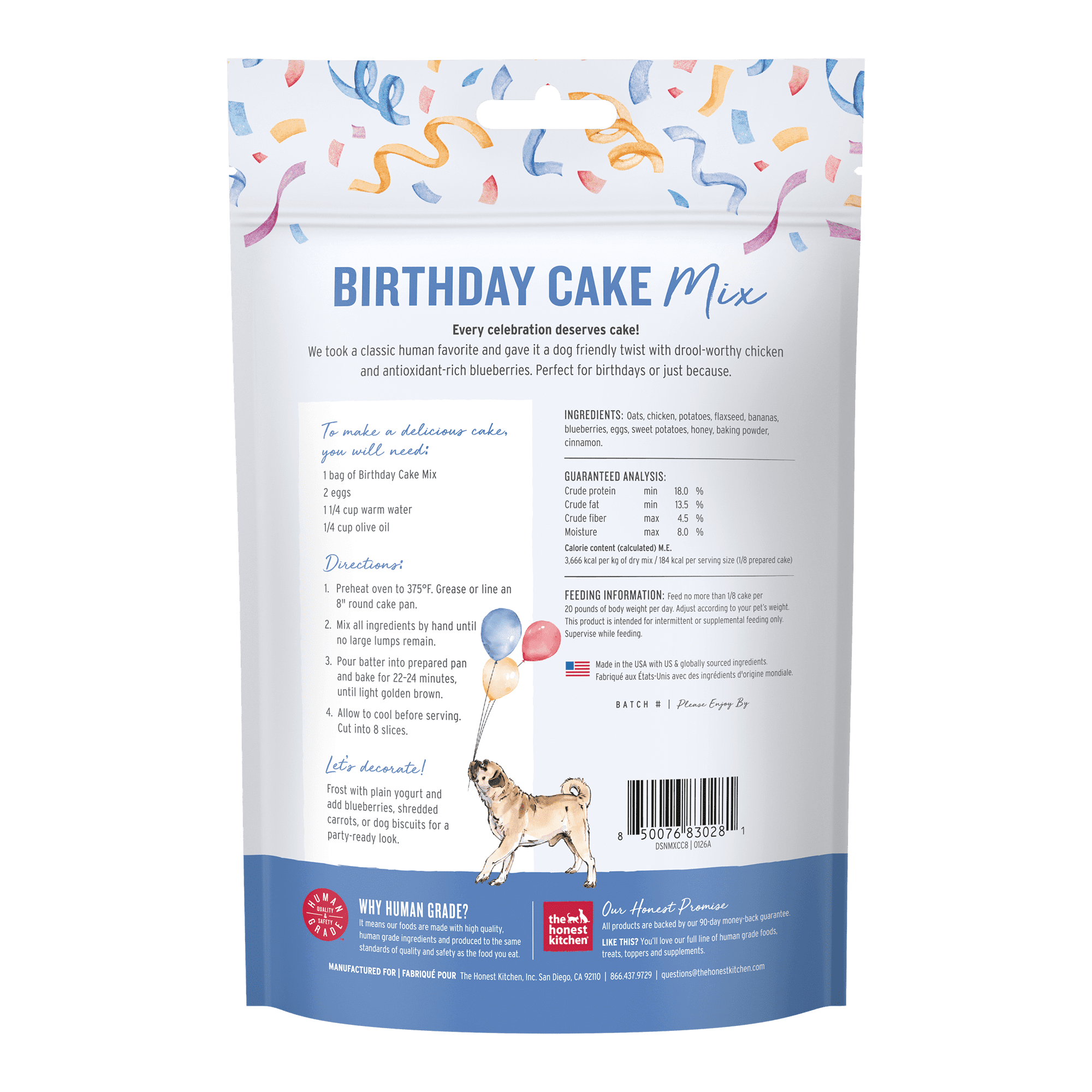 The Honest Kitchen Human Grade Birthday Cake Mix for Dogs, Chicken & Blueberry, Bake-at-Home Dog Celebration Cake, Real Ingredients, 7.5 oz