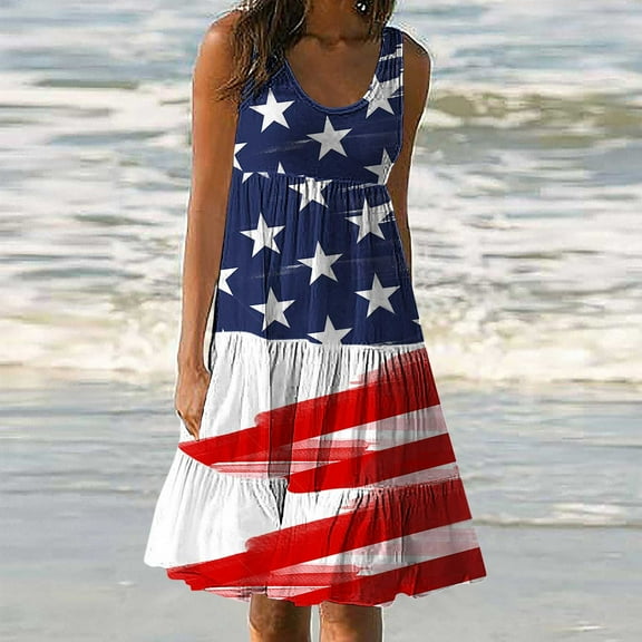 CFLVAEK American Flag Dress for Women Plus Size Sleeveless Sundress Loose Fit Scoop Neck Tiered Midi Dress 4th of July Vacation Beach Tank Dress XXXL