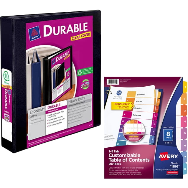 Avery Durable Reference Vinyl EZ-Turn Ring View Binder, 1-1/2" Capacity with Avery Ready Index Table of Contents Dividers 11186, 8-Tab, 6 Sets Bundle