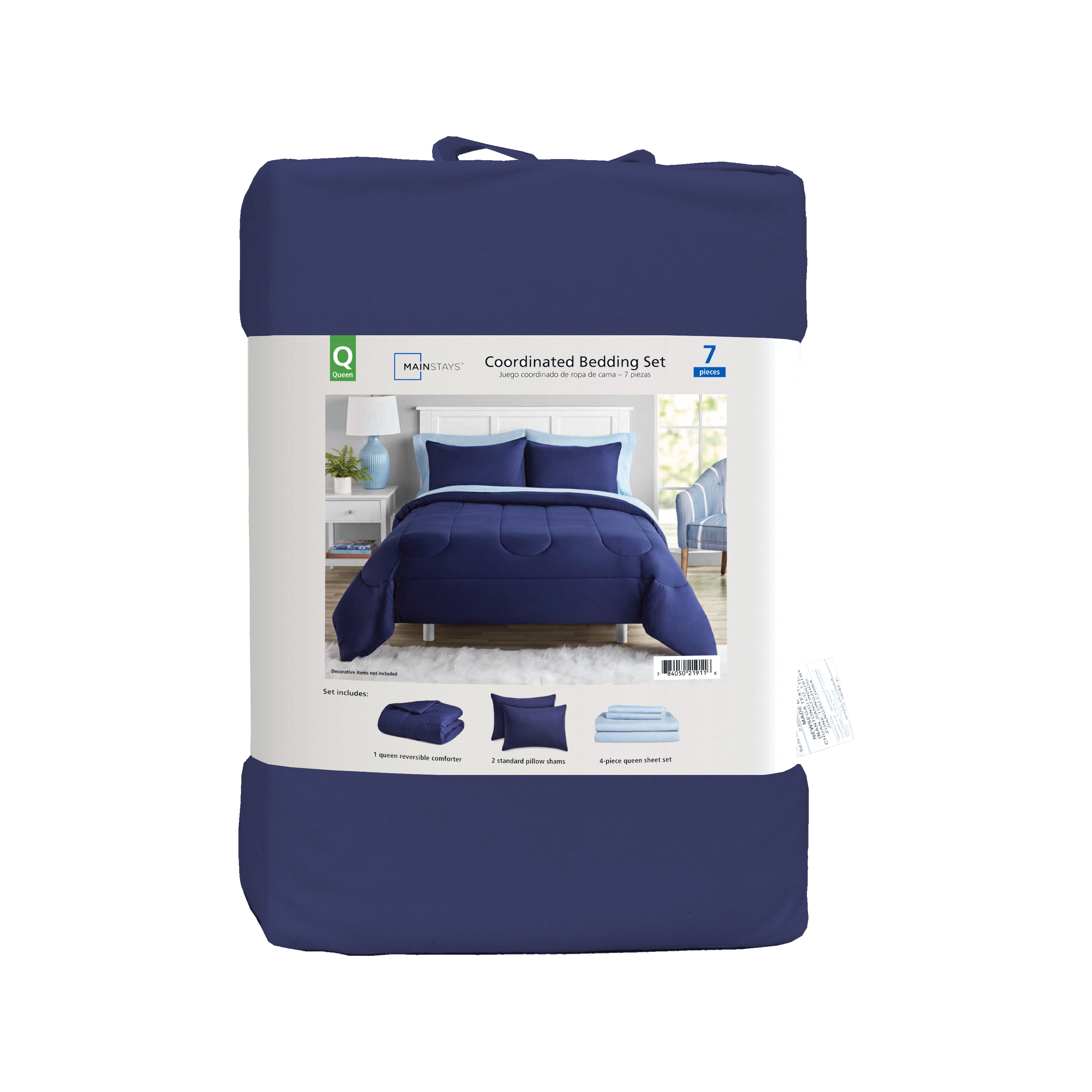 Mainstays Navy 7 Piece Bed in a Bag Comforter Set with Sheets, Full