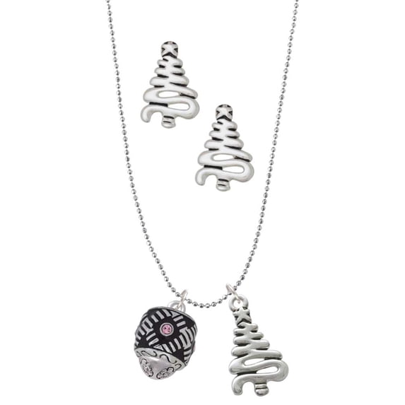Delight Jewelry Silvertone Diagonal Banded Barrel with Pink Crystals Spinner Silver tone Zig Zag Christmas Tree Charm Necklace and Stud Earrings