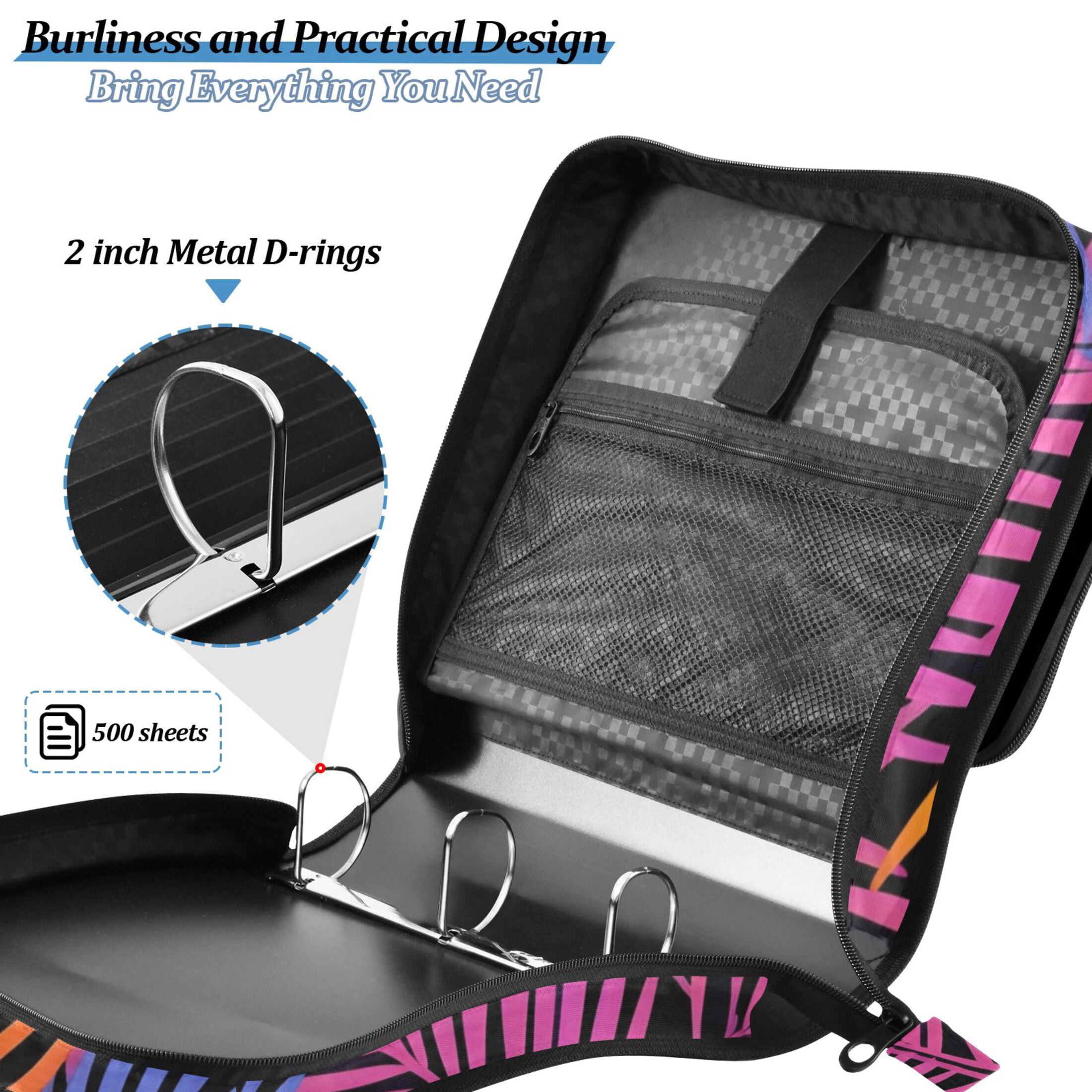 3 Ring Zipper Binder with Shoulder Strap Waterproof Trapper Keeper 2 Inch D-Ring 500 Sheets Capacity Colorful Palm Leaf