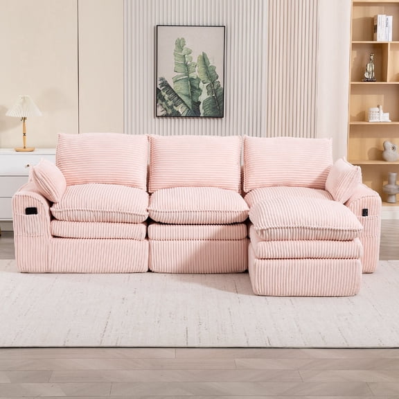 L Shaped Compressed Modular Sectional Sofa Couch with Movable Footstool, Modern Corduroy Upholstered Boneless Sofa Couches with Three Pillows and Two Lumbar Pillows for Living Room, Apartmen,Pink