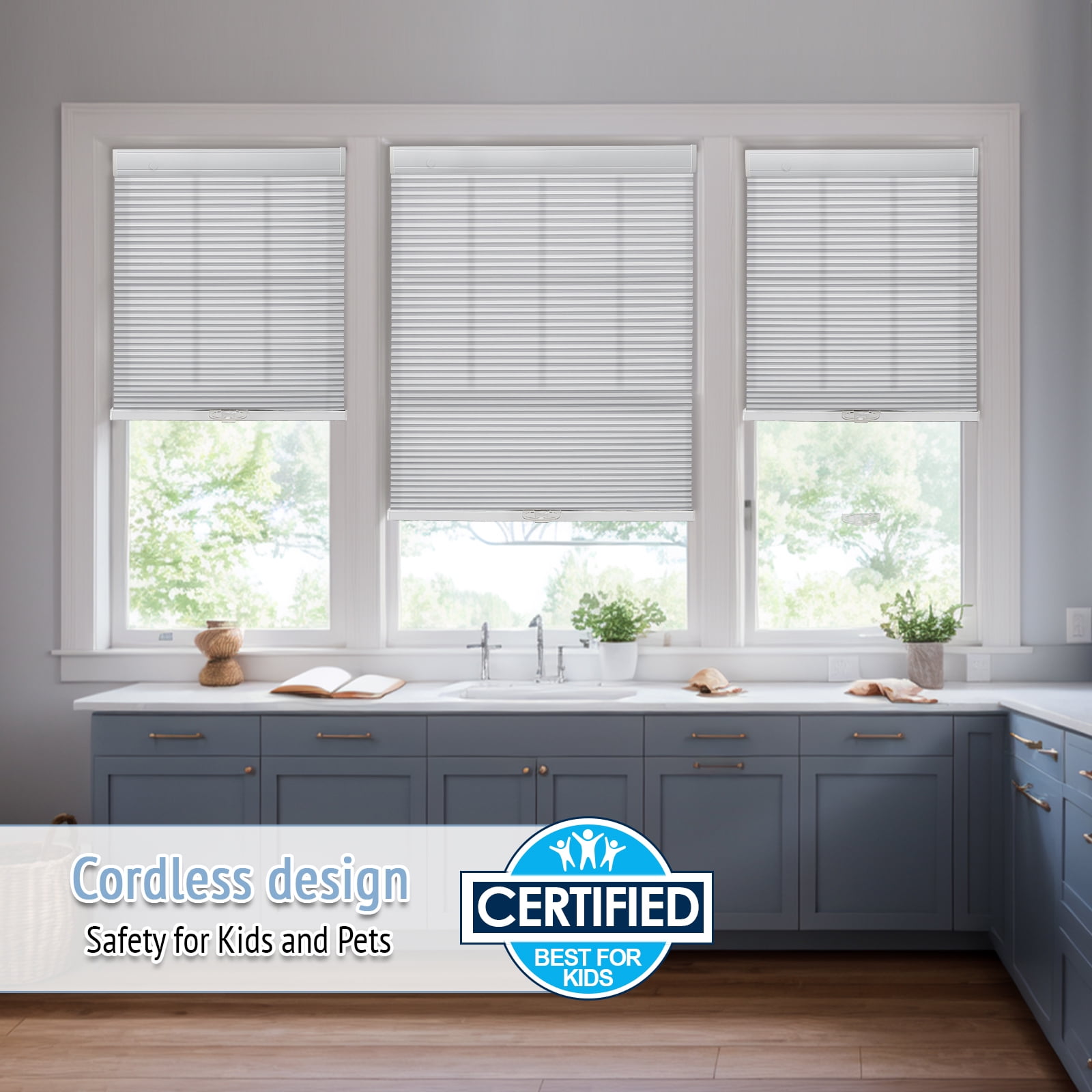 Keego New Upgraded No Drill Cordless Cellular Shades Light Filtering Honeycomb Blinds Easy Installation Heat Insulating Noise Reducing Window Shades, Light Filtering - White, 46"W x 48"H