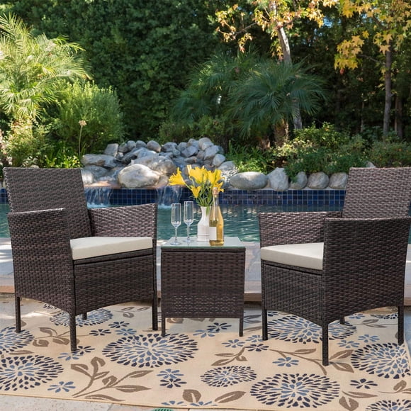 Homall Ensemble de 3 Pcs pour Patio Extérieur en Rotin PE Tressé, Ensemble de Table et Chaises de Bar avec Verre Trempé Coussiné, Brun/beige, 2