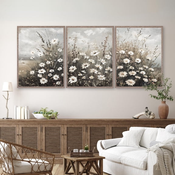 UNFFRAMED Vintage Wildflower Field Set, White Flower Art Poster, Neutral Flower Landscape Poster, Spring Meadow Wall Art Set 3 Prints 8x12