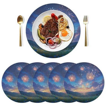 

Round Placemats Plate Mats 15 Inch Non-Slip Heat Resistant Washable PVC Set Table Decoration for Kitchen Dining Colorful Fireworks