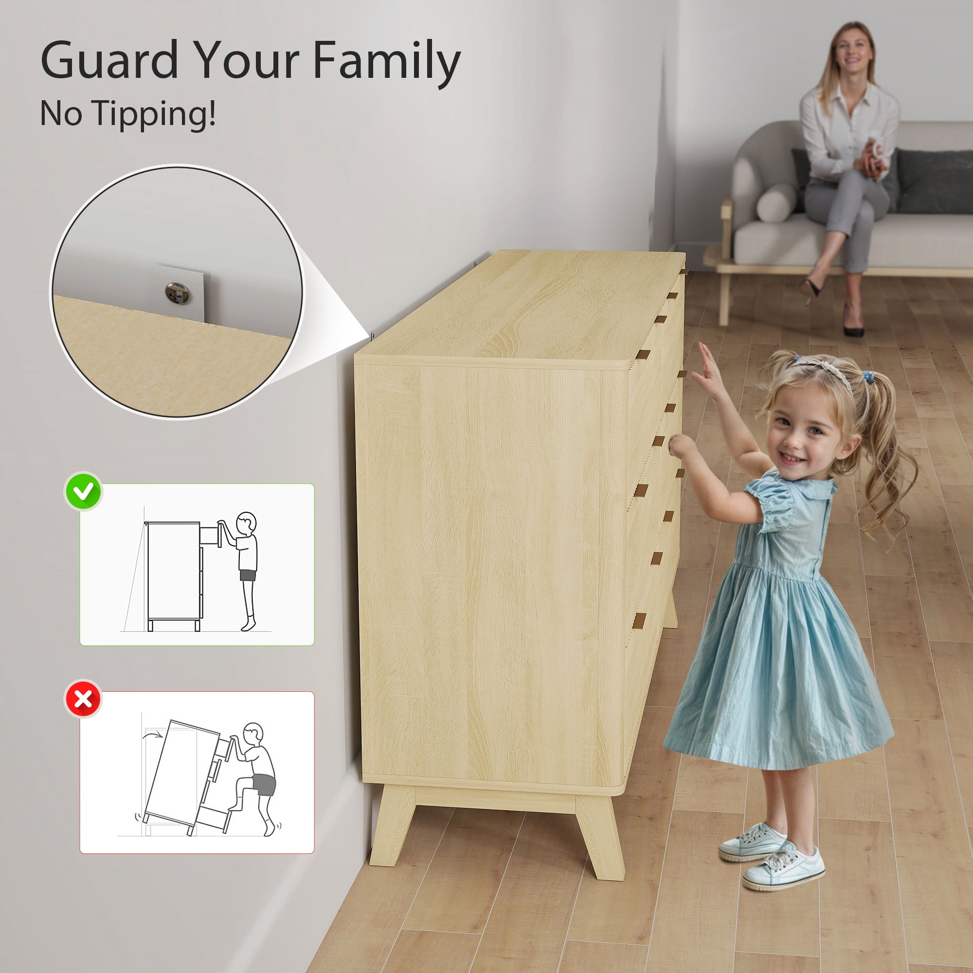 HOMCOM Fluted Dresser for Bedroom with 6 Drawers, 54" Wide Chest of Drawers with Gold Finger Pulls and 5 Wood Legs, Natural Wood