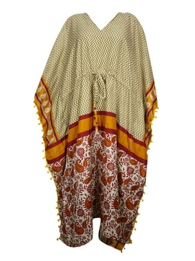 Mogul Green Orange Womens Kaftan Recycled Sari Drawstring Resortwear Coverup Maxi Dress 2X