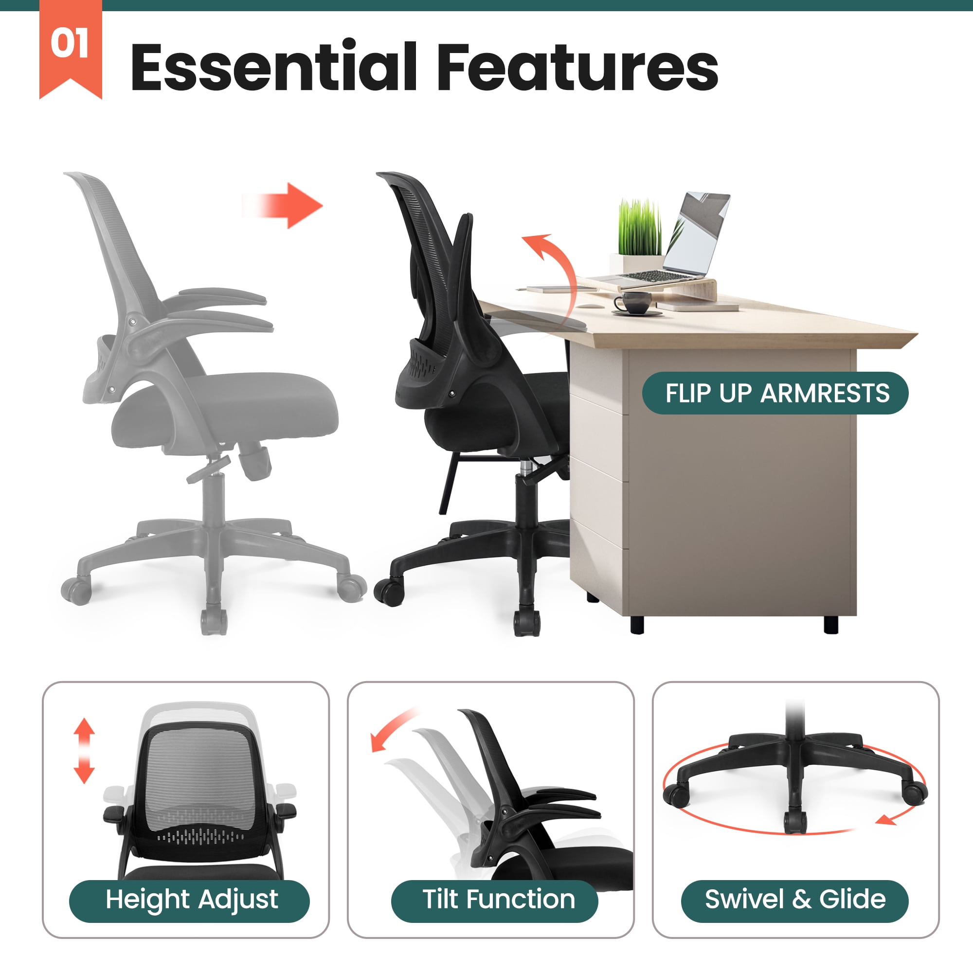 NEO CHAIR Office Chair, Flip-up Padded Armrests Desk Chair, Ergonomic Back Support, Black