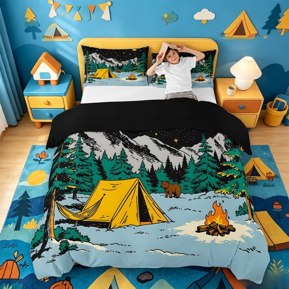Catabedysis Starry Camping Bedding,Bear Tent Print Duvet Cover Full For Boys,Multicolor,Black Reversible,3pcs,1 Duvet Cover and 2 Pillowcases