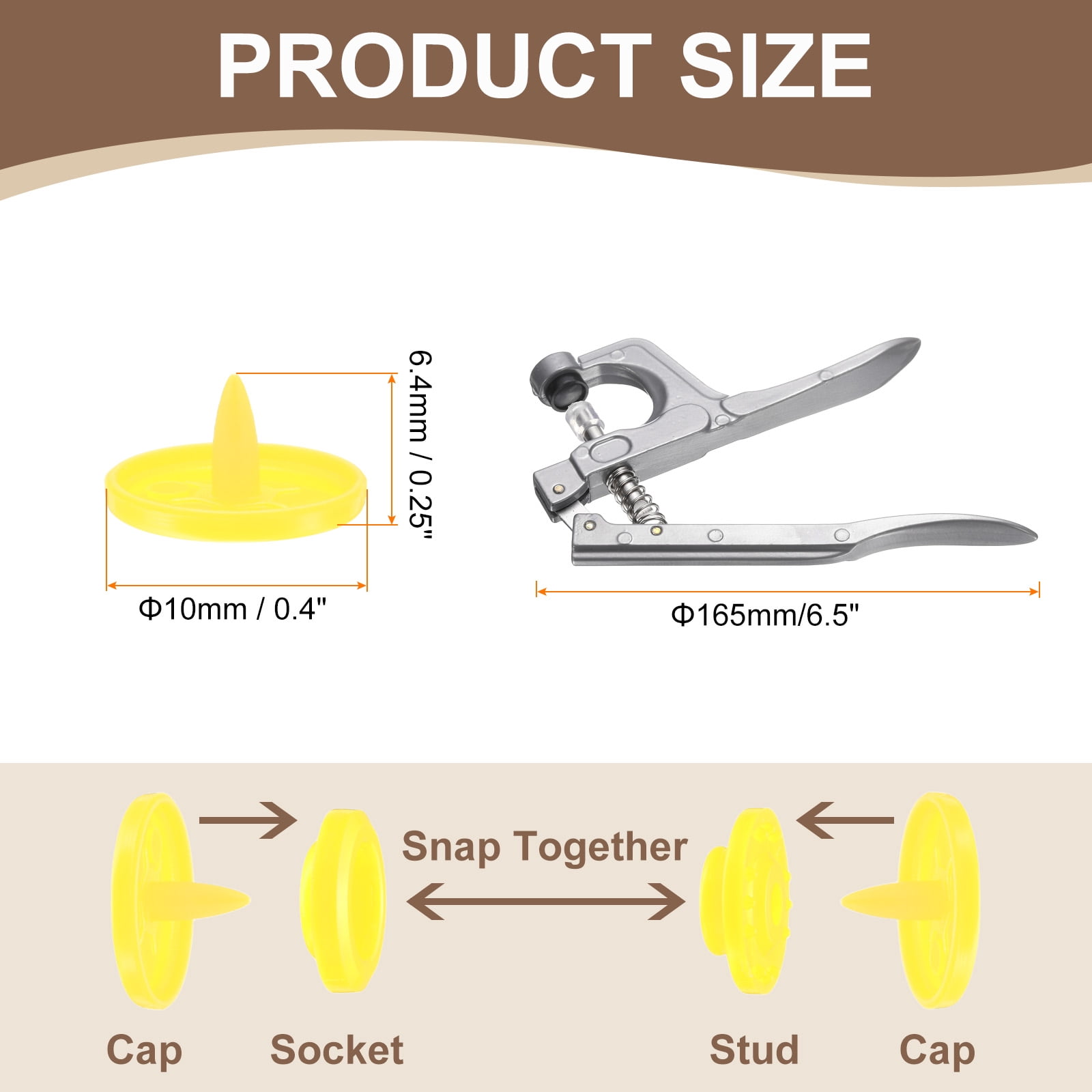 Uxcell Plastic Snaps Fasteners with Snap Pliers, 200 Set T3 Round Resin No-Sew Button Snap Fasteners Kit Yellow