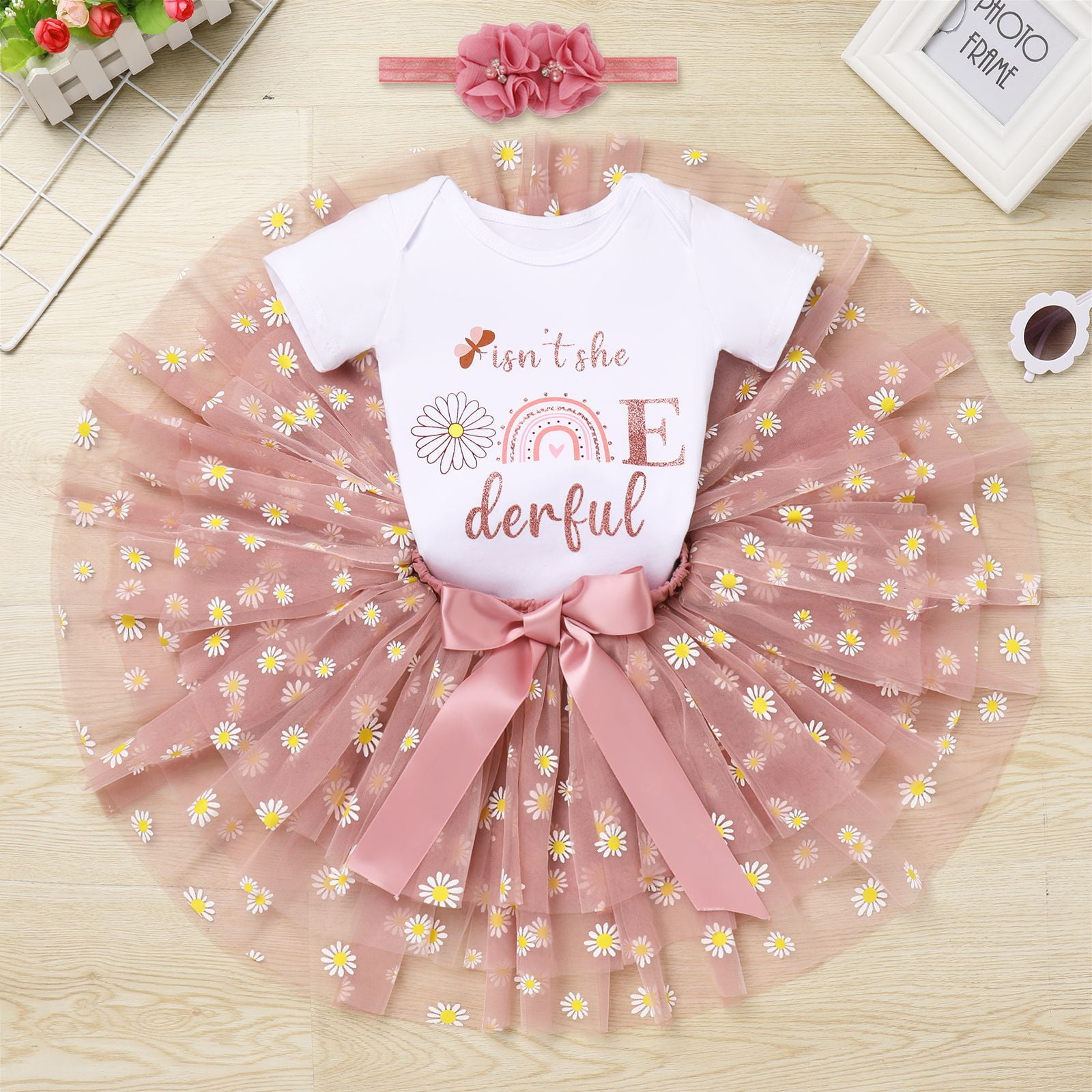 IBTOM CASTLE Infant Baby Girls 1st Birthday Outfits Short Sleeve Romper + Tutu Skirt + Headband 3PCS Set for Cake Smash Photoshoot 1 Year Dusty Pink & Daisy