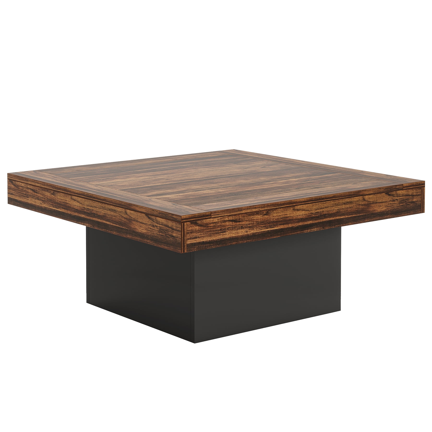 Fnova 36" Farmhouse Coffee Table with LED Lights, Rustic Wood Coffee Table for Living Room, Dark Brown and Black