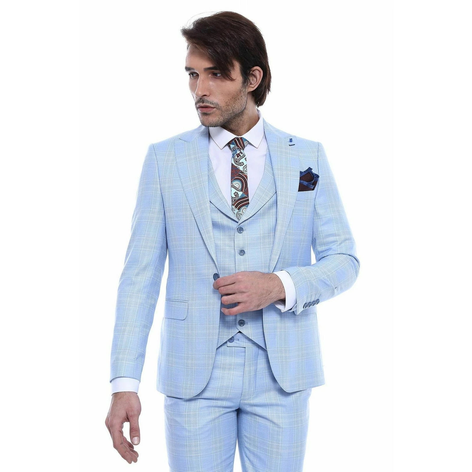 Men 3pc Vested Suit Turkey Wessi J.Valintin Slim Fit 127-22 Birds Eye Navy Blue 
