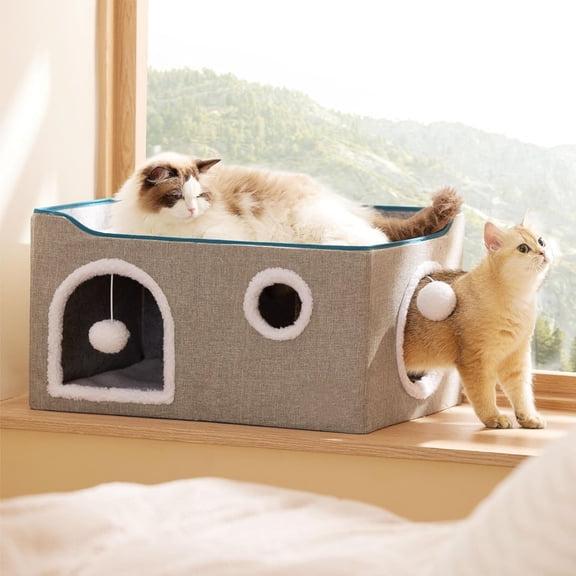 Large Cat Beds for Indoor Cats - Extra Wide Cat Cube House for Small Pet with Fluffy Ball Hanging and Scratch Pad, Foldable Pet Cave Hideaway for Multiple Cats, 23.6x16.9x13 inches, Grey