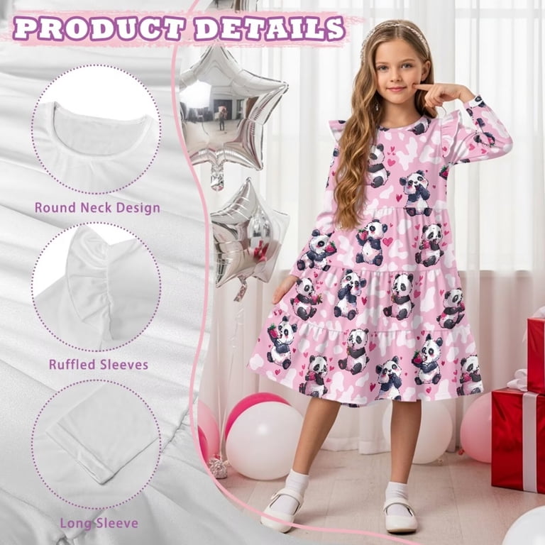 maxi pink dress for women party wear Fkelyi Pink Cow Panda Print Girl Long Sleeve Dress Ruffle Sleeve Crew Neck Trim Dress for Birthday Party A Line Tiered Swing Pactchwork Dresses, 7-8 Y