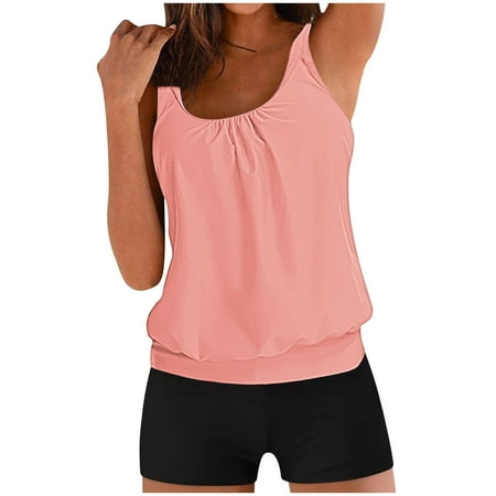 DISKEBUISS Modest Swimwear for Women Sleeveless Crewneck Solid Color Bathing Suit Swim Tank Top with Boyshorts