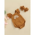 thumbnail image 3 of Arvbitana Infant Baby Girls Knitted Romper Sleeveless Square Neck Rainbow Pattern Ruffled Bodysuit + Headband Summer Casual Clothes 2Pcs 0-18M, 3 of 9