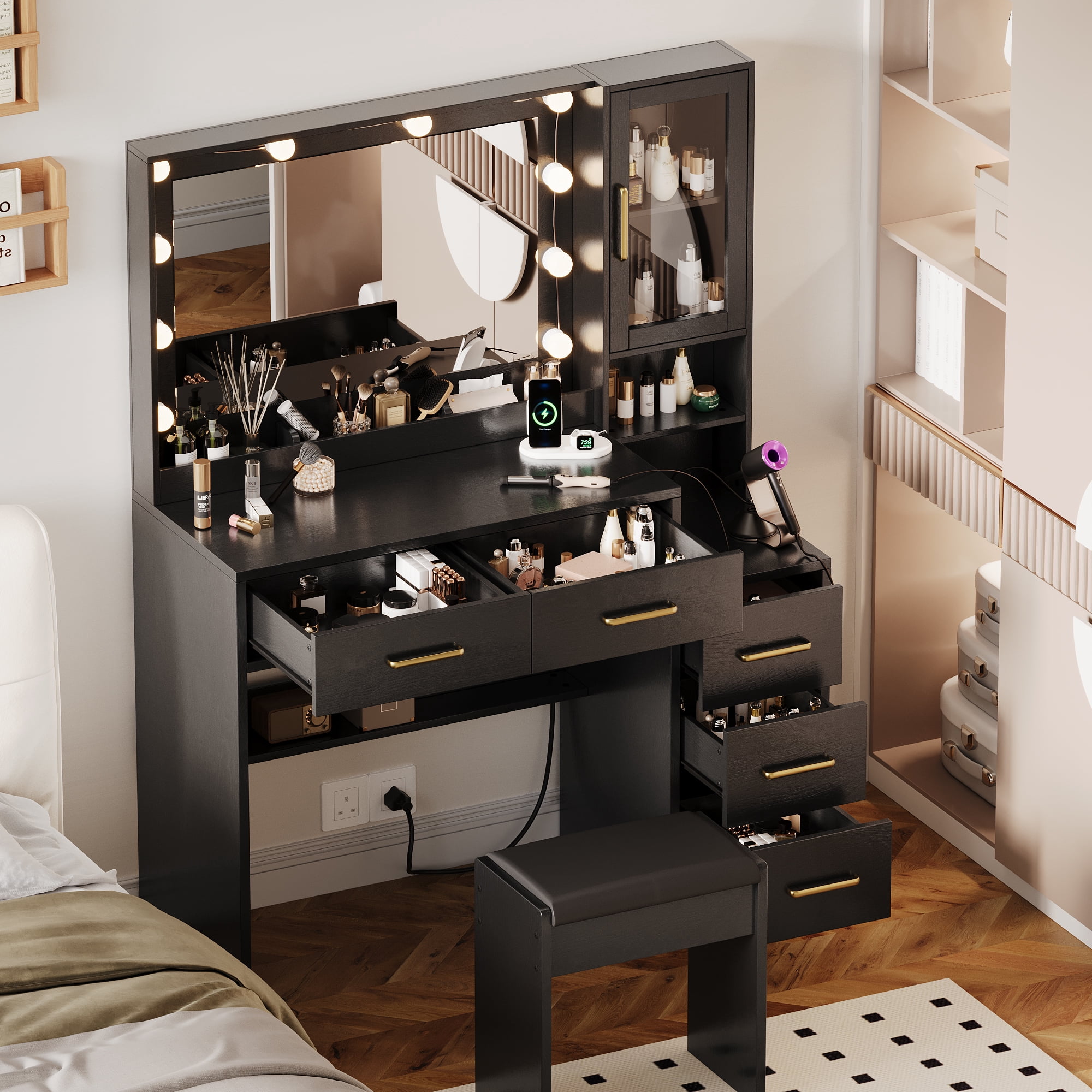 UGTOO 35.4" Black Makeup Vanity Desk with LED Mirror & Charging Station - Farmhouse Dressing Table, 5 Drawers, Wood Dresser for Bedroom/Apartment