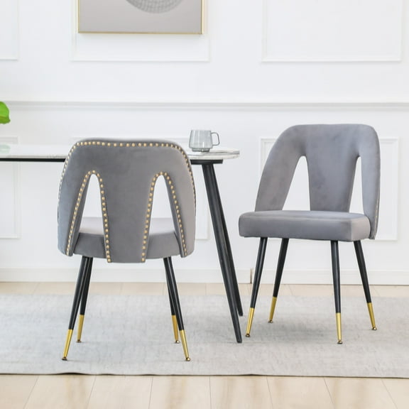 UHOMEPRO Dining Chair Set of 2, Modern Upholstered Velvet Kitchen Chairs Set, Armless Side Chair with Nailhead Trim and Metal Legs for Living Room Kitchen, Gray