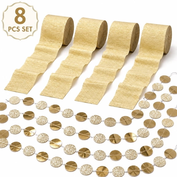4Pcs Gold Crepe Paper Streamers 328ft and 4Pcs Glitter Circle Dots Garland 52 Feet Set, Gold Party Decorations for Birthday Wedding Backdrop