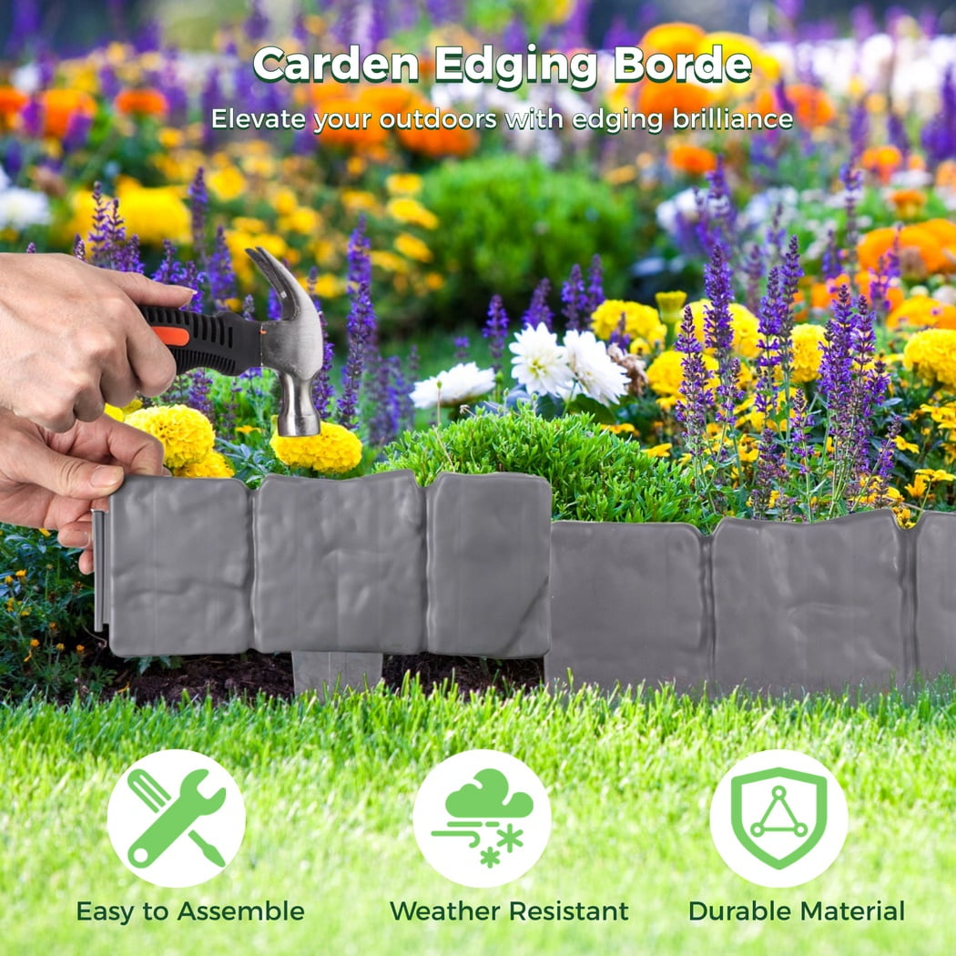 30-Pack Garden Edging Borders, Plastic Garden Landscape Borders, Detachable Faux Stone Fences, 24ft Landscaping Border Edging for Flower Bed, Garden, Lawn, Walkway, Landscape Edging, Outdoor