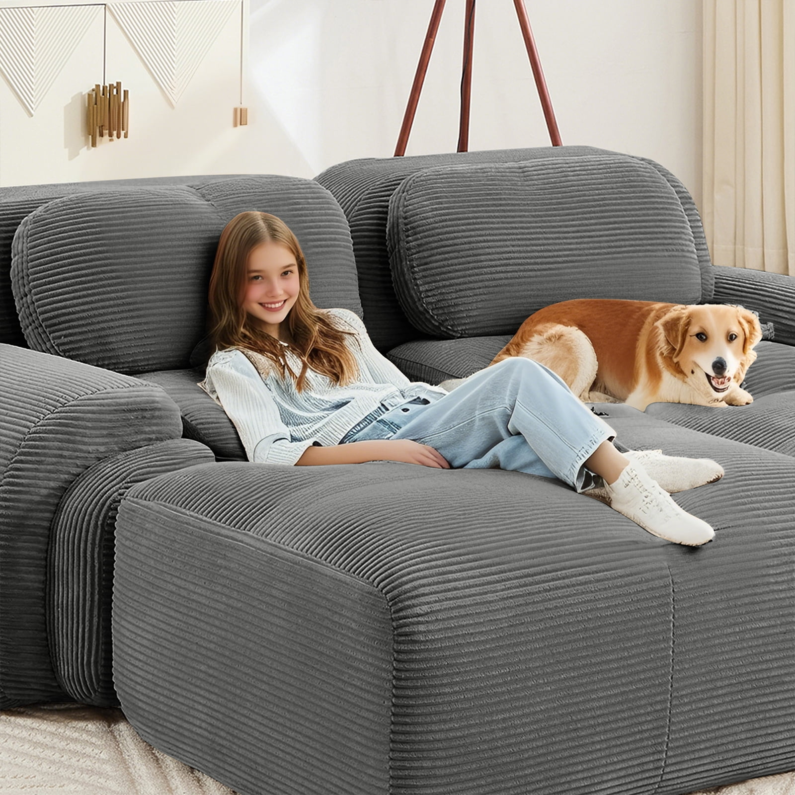 80" Modern Compressed Boneless Love Seat Couches, 2 Seater Large Sectional Couches for Living Room, Gray Corduroy Cloud Modular Sectional Sofa, Memory Foam, Extra Deep Loveseat, No Assembly