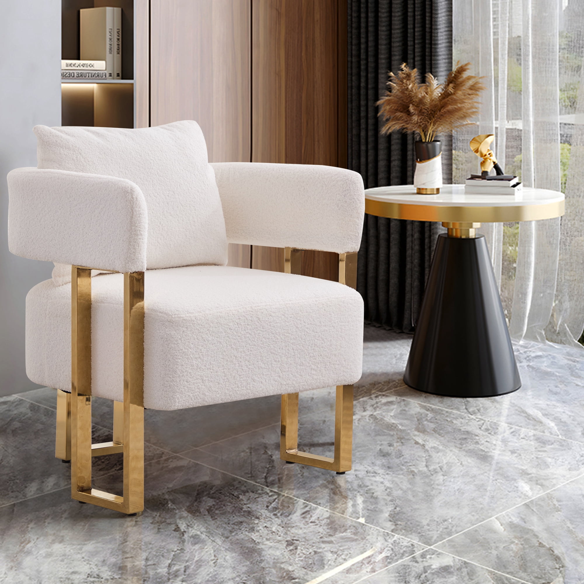 Leumius Teddy Accent Chairs Set of 2,Morden Upholstered Armchair Dining Side Chairs with Gold Metal Legs for Dining Kitchen Living Room,White