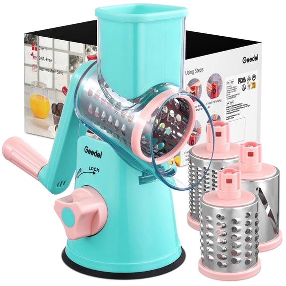 Geedel Rotary Cheese Grater, Kitchen Grater Vegetable Slicer with 3 Blades, Dishwasher Safe, Easy to Clean Grater for Vegetable, Fruit, Nuts