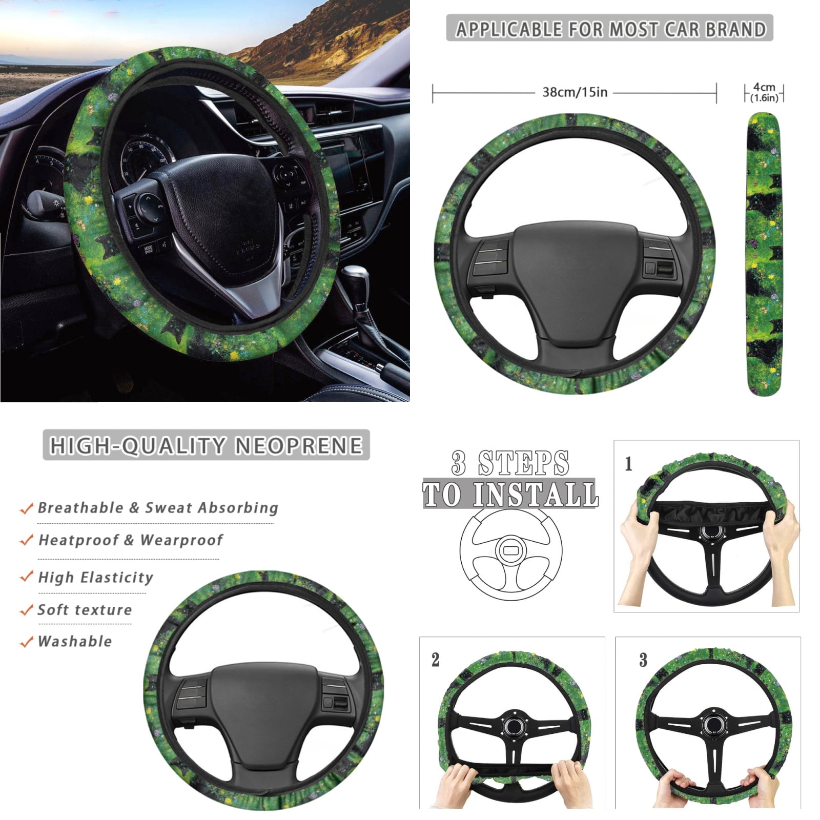 Yuyamidu Black Cat Front Rear Seat Covers for Cars Steering Wheel Cover Butterfly Seatbelt Shoulder Pad Auto Center Console Pad Cover Gear Shift Cover Hand Brake Cover Cup Holders, Set of 14, Green