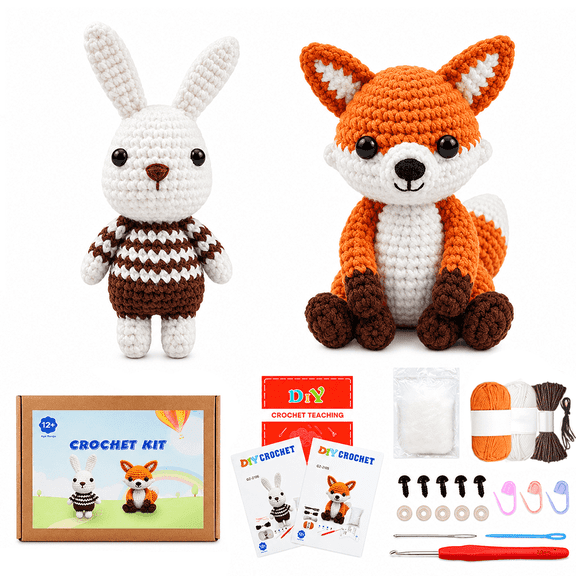 Yarniss Animal Crochet Kit for Beginners-2-Piece Little Rabbit and Fox Crochet Starter Kit with Step-by-Step Video Tutorials, DIY Craft Gifts