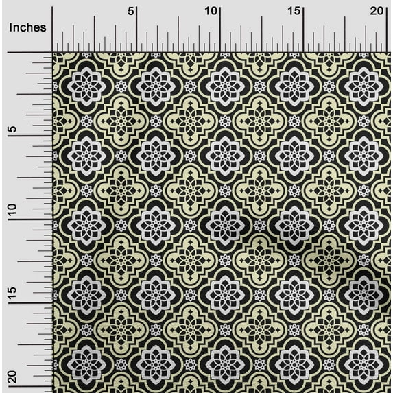 oneOone Cotton Poplin Black2 Fabric Floral & Tiles Moroccan Fabric For Sewing Printed Craft Fabric By The Yard 42 Inch Wide