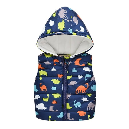 

QWERTYU Toddler Baby Child Children Kids Boy Girl s Padded Fall Winter Puffer Jacket Zip Up Hooded Sleeveless Outerwear Cartoon Print Thicken Vest 1Y-6Y