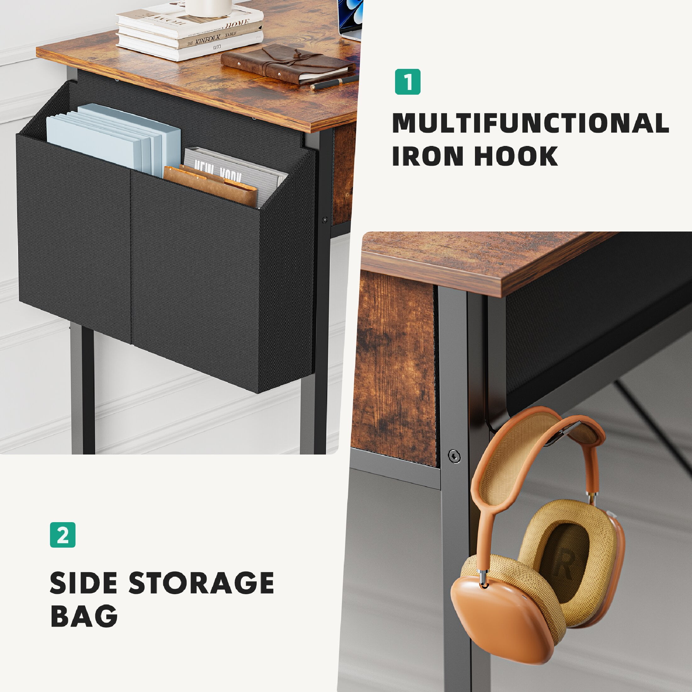 CONCETTA 32 Inch Computer Desk, With Drawers Storage Bag for Adult, For Home Office Bedroom, Rustic