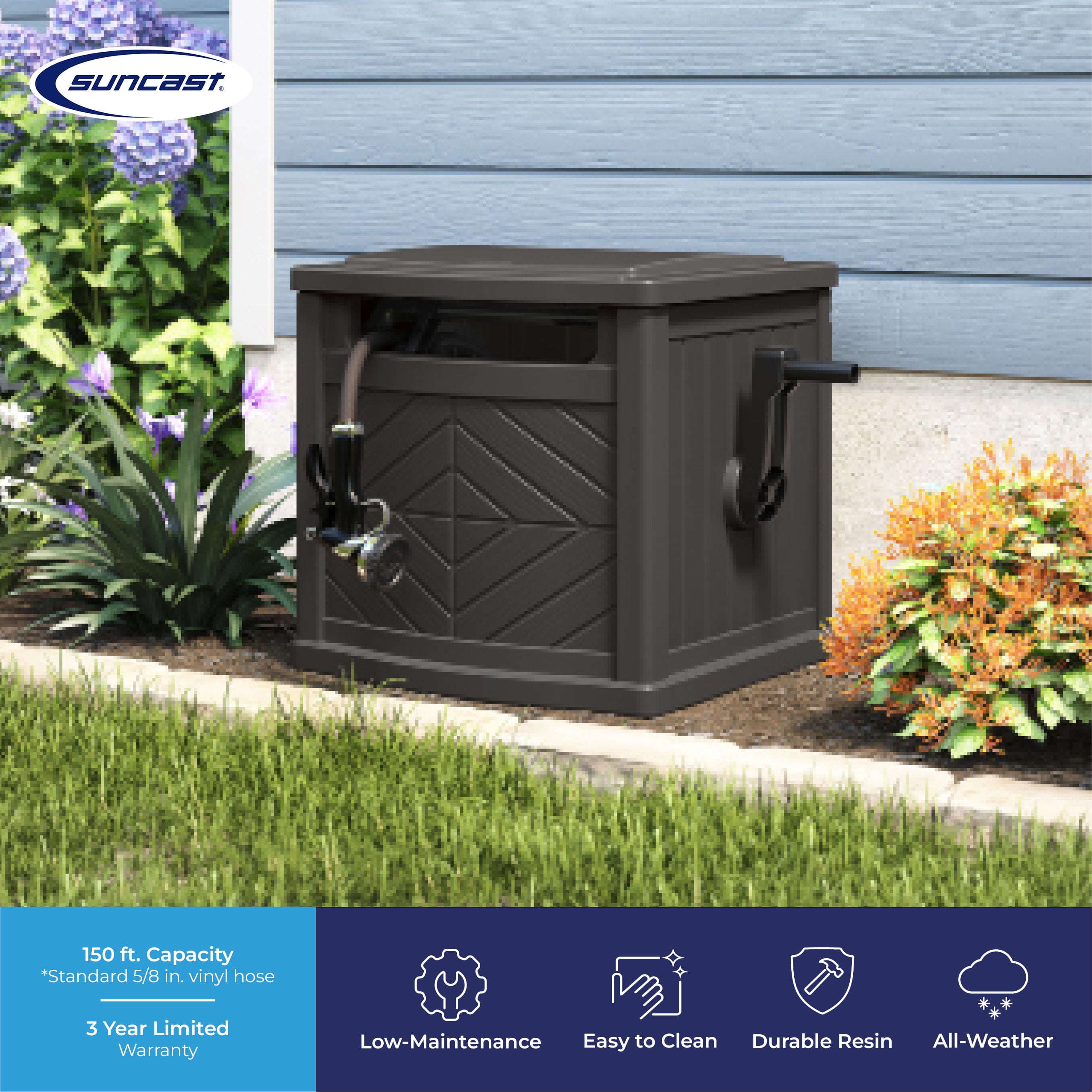 Suncast 150 ft. Slide Trak Hose Hideaway for 5/8" Hoses, Crank Handle for Easy Winding, Weather-Resistant Durable Resin Construction