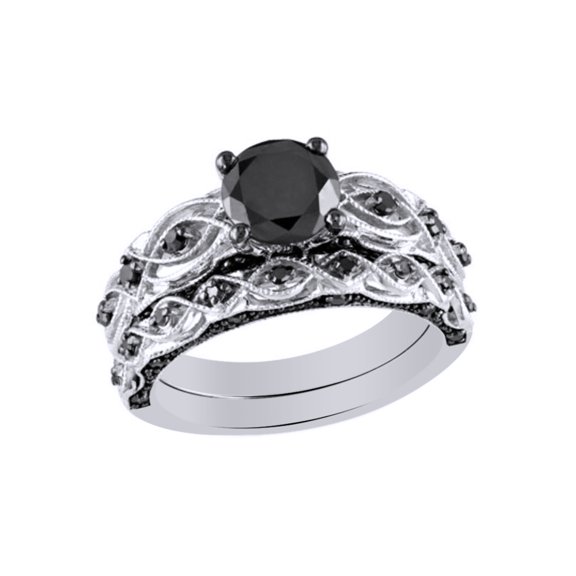 AFFY Black Natural Diamond Vintage-Style Bridal Set In 10k White Gold (1.38 Cttw)