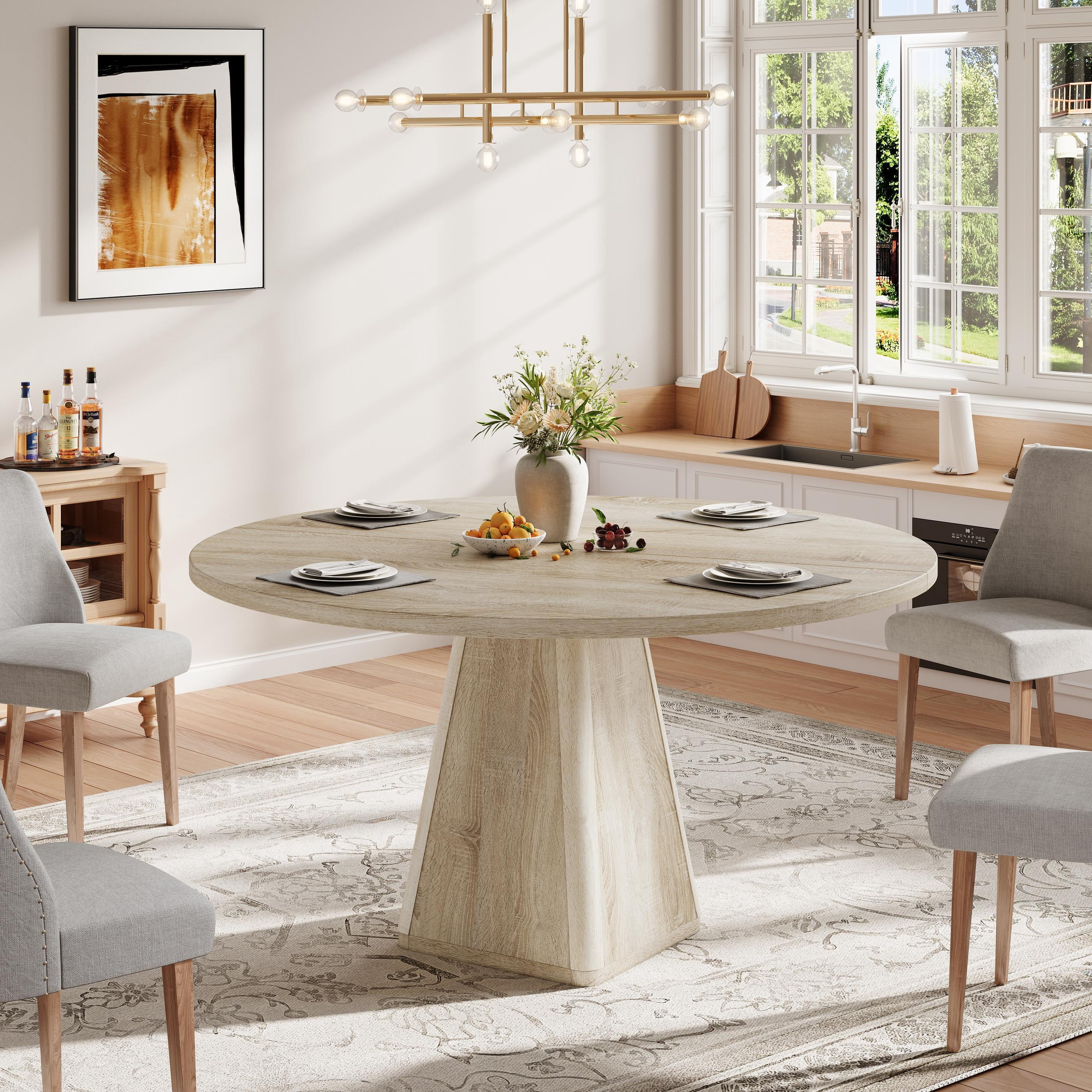 Round Dining Table for 6, LEGAHOME 47in Kitchen Dining Table with 0.7in Thick Tabletop, Wood Circle Pedestal Table for Dining Room, Natural Wood(Only Table)