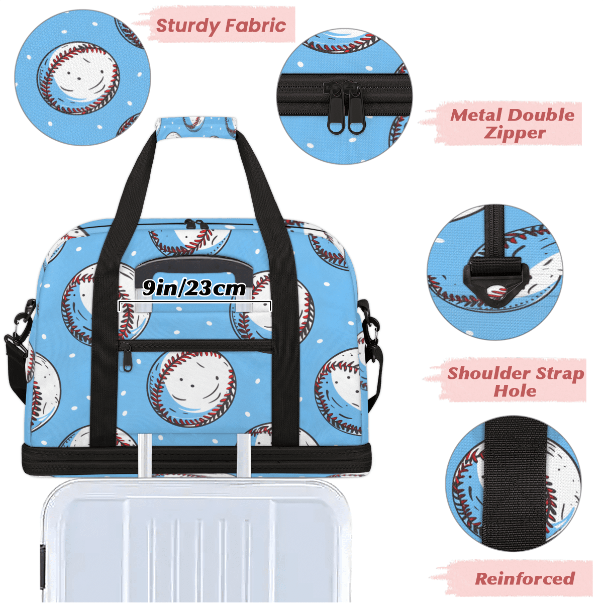 Herdesigns Baseball Sports Travel Duffel Bag with Shoe Compartment Cool Ball Large Foldable Waterproof Weekend Overnight Bag for Beach Swim Pool Bags Sports Gym