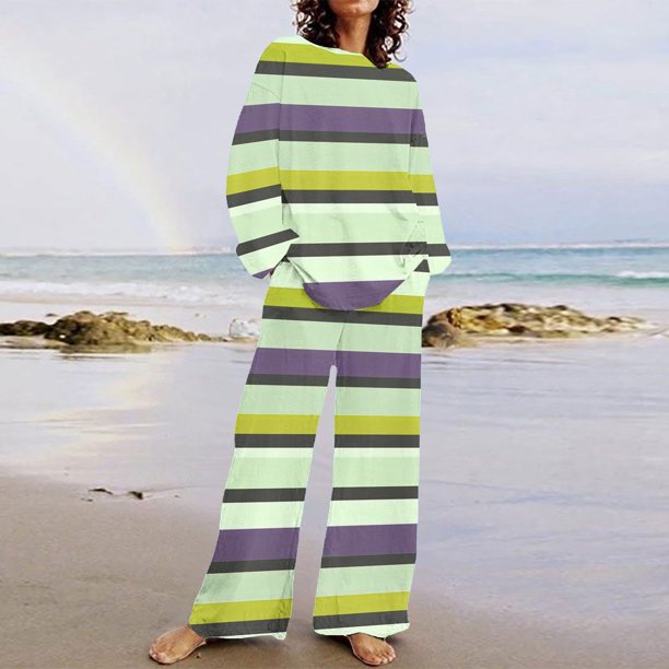 Puntoco Traje De Pantalón Y top De Cuello Redondo De Manga Larga Con Estampado Informal A Rayas De Verano Para Mujer Verde Xxxl