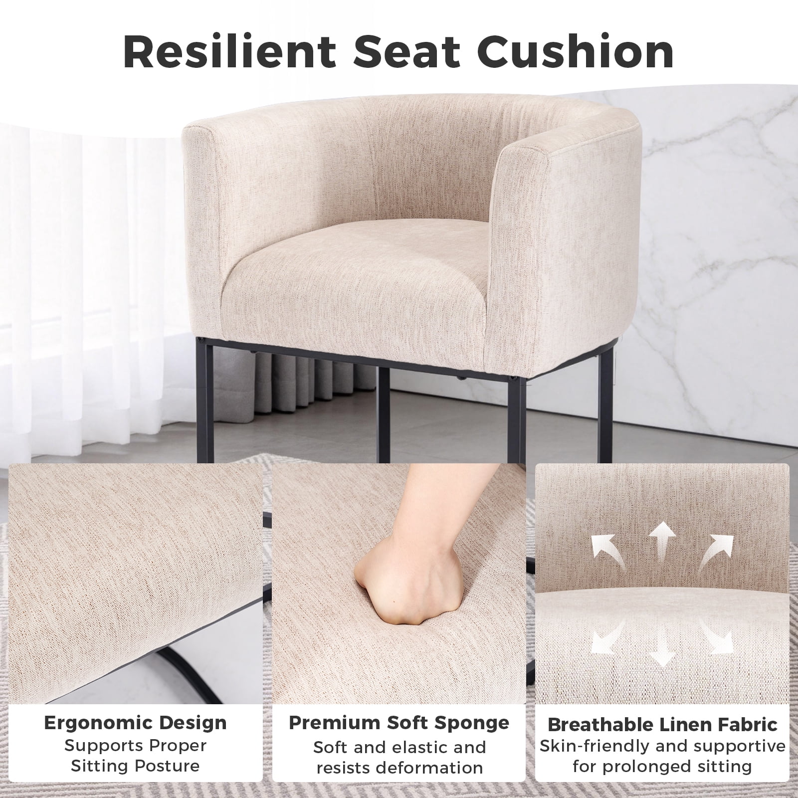 CONCETTA 27" H Bar Stool, Contemporary Counter Height Barstools with Linen Fabric Upholstered Seat, 350lbs Capacity Kitchen Island Chair, Bar Stools with Metal Sled Base and Footrest for Kitchen