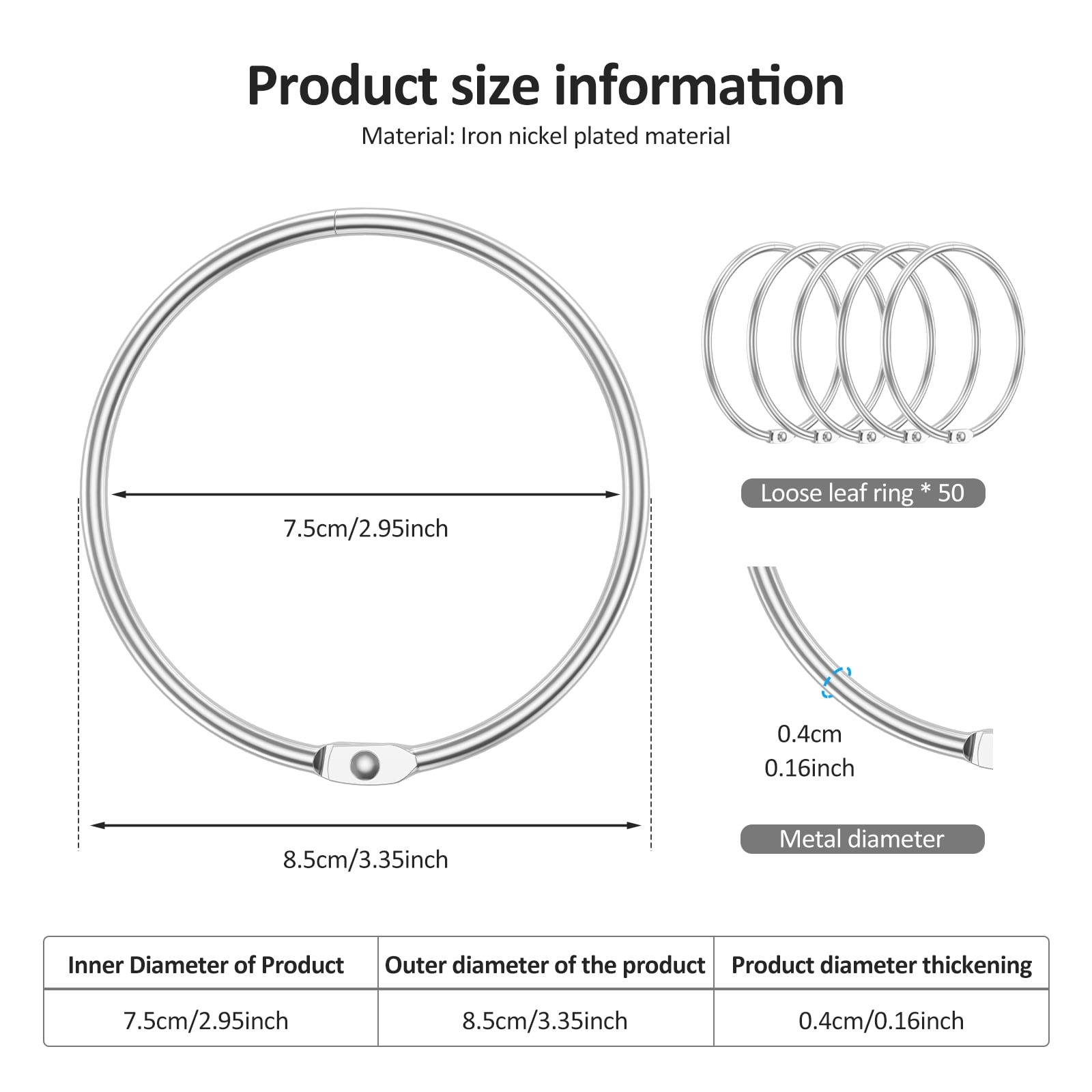 Threns Binder Rings,3 inch Loose Leaf Binder Book Rings,50 Pack Metal Keychain Loops for Index Cards Notebook Office Home