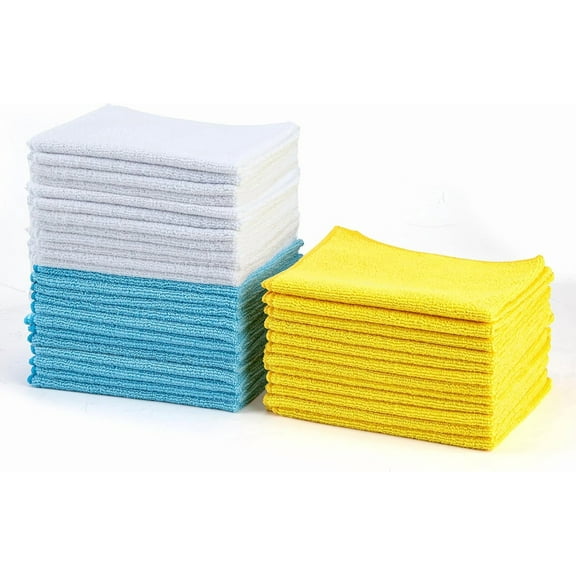 Microfiber Cleaning Cloths, Ultra Absorbent, Lint Free, Streak Free, Non-Abrasive, Reusable and Washable, 12" x 12", Blue/White/Yellow, Pack of 50