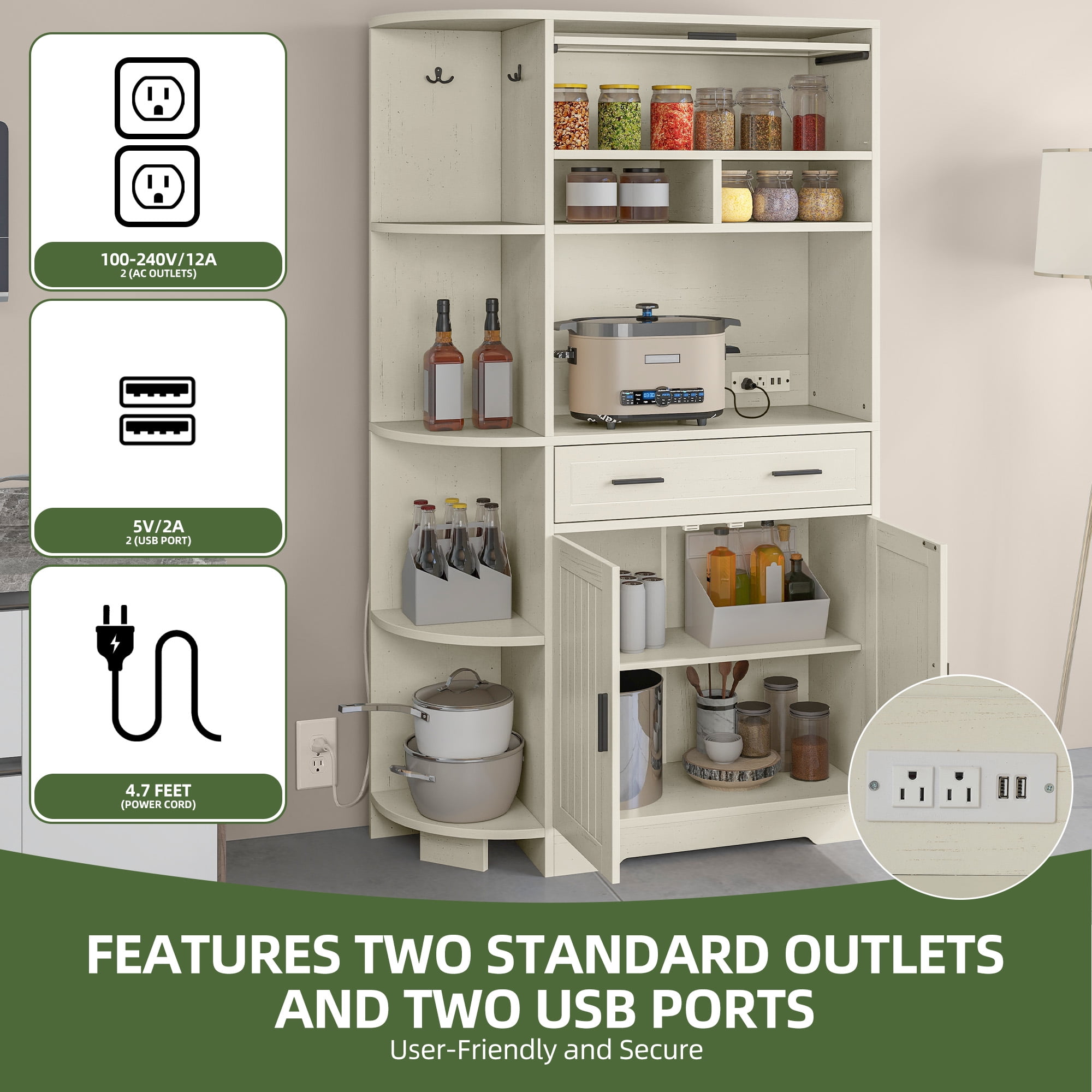 Uforic 67"H Pantry Storage Cabinet with Power Outlets, Kitchen Cabinet with Doors & Drawer, White