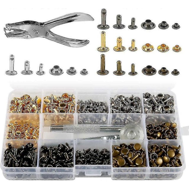 360 Leather Rivets Set Double Cap,3 Sizes Metal Tubular Rivet With Punch Pliers And 3 Pieces Fixing Tools Compatible With Leather Repair Replacement R