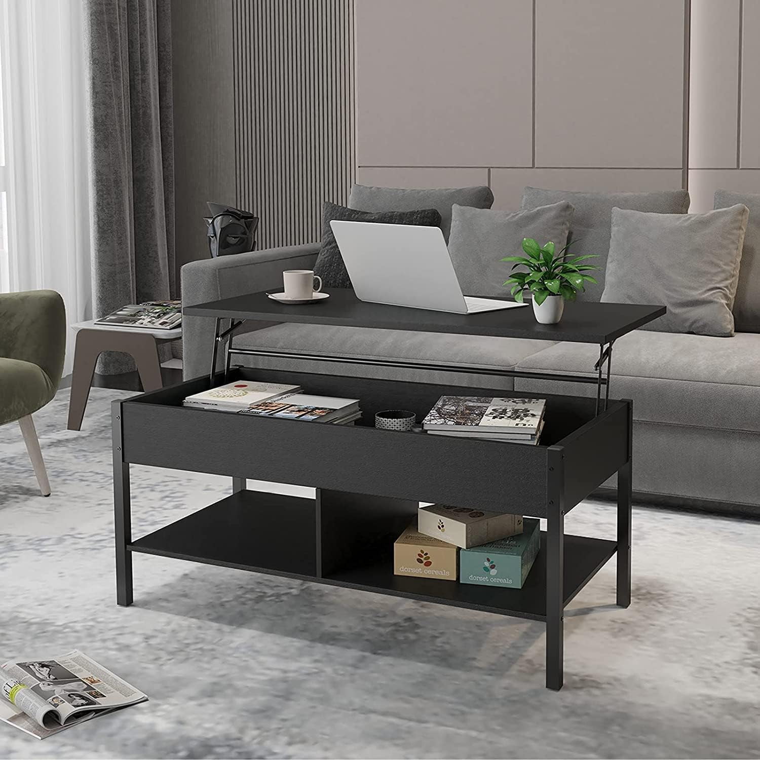 Kadyn Modern Rectangle Lift Top Coffee Table, Sofa Center Table with Lower Shelf, 41.7" Coffee Table for Living Room, Black