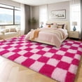 thumbnail image 3 of ZENELESS 8x10 Fluffy Rug for Living Room,Checkered Shaggy Soft Anti-Skid High Pile Carpet for Boys Girls Teen Room Dorm Home Decor,Pink and Rose Red, 3 of 7