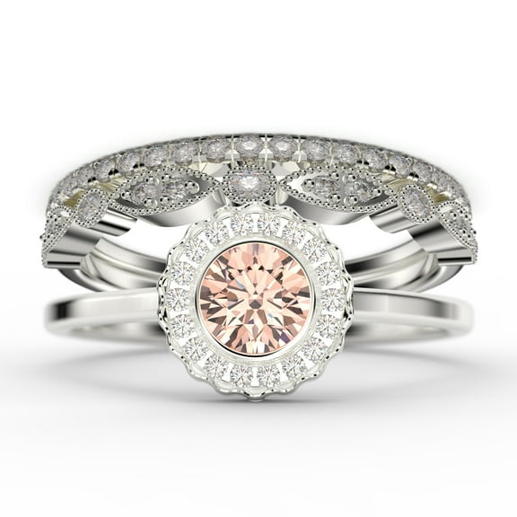 Beautiful 2.10 Carat Round Morganite And Diamond Moissanite Engagement Ring, Floral Halo Wedding Ring, Two Matching Band in 18k White Gold Plating, Bridal Rings, Gift For Her, Promise Ring